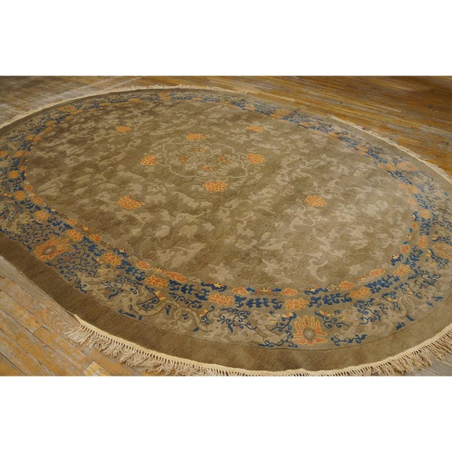 1900s Mocha Medallion Dragon Antique Chinese Peking Carpet Wool Oval Rug For Sale In New York - Image 6 of 11