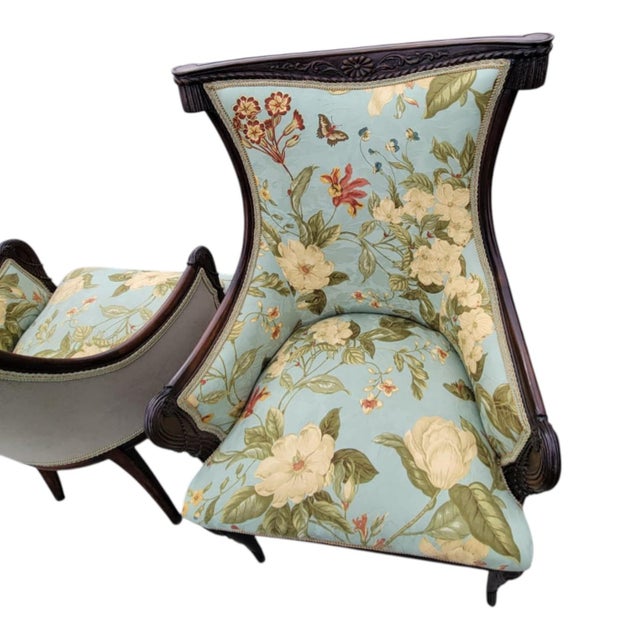 1930s Pair Italian Fireside Chairs Floral Upholstery Carved Wood Accent Chairs For Sale - Image 13 of 17