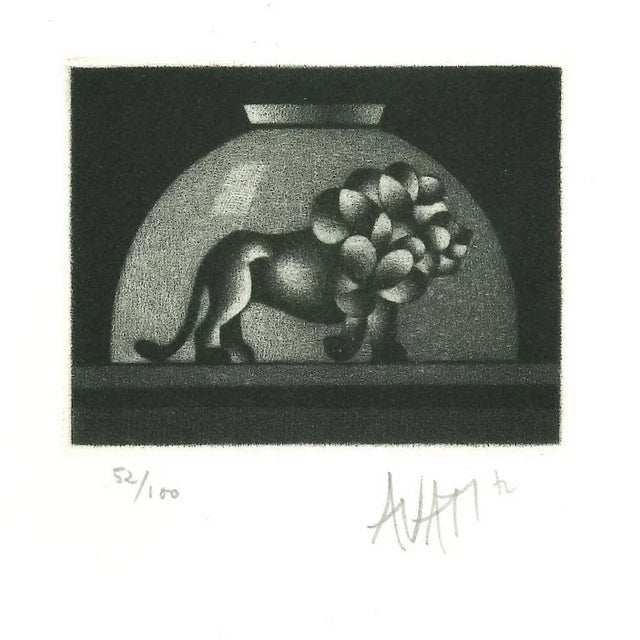 Lion in Bowl - Original Etching on Paper by Mario Avati - 1960s 1960s For Sale - Image 3 of 3