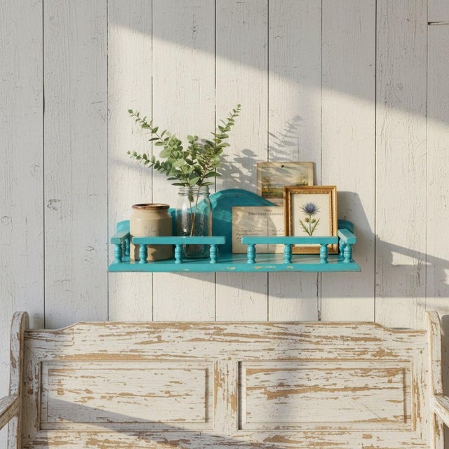 Teal Vintage Teal Wood Wall Shelf-Cottage-Farmhouse Display-Bathroom-Kitchen-Coastal For Sale - Image 8 of 11