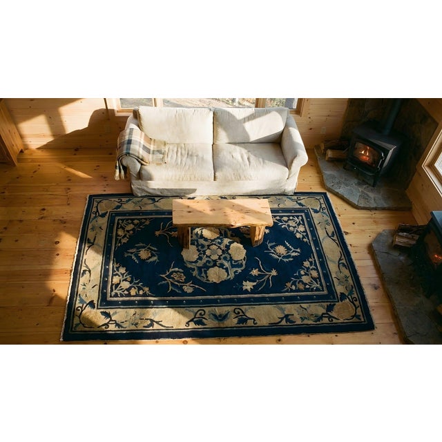 1920s Navy Blue Medallion Antique Chinese Peking Rug 3' X 4'10'' Wool Knotted Carpet For Sale - Image 11 of 12