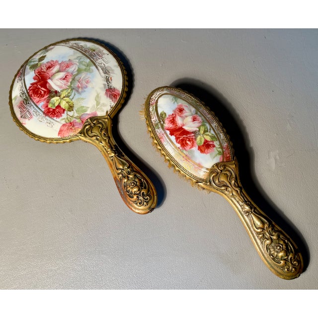 Art Nouveau Vanity Hand Mirror & Brush Set C1910 Porcelain Painted Roses Repousse Brass Handles