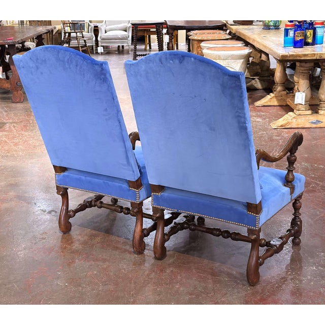 Pair of 19th Century French Louis XIII Walnut High-Back Armchairs With Velvet For Sale - Image 10 of 11