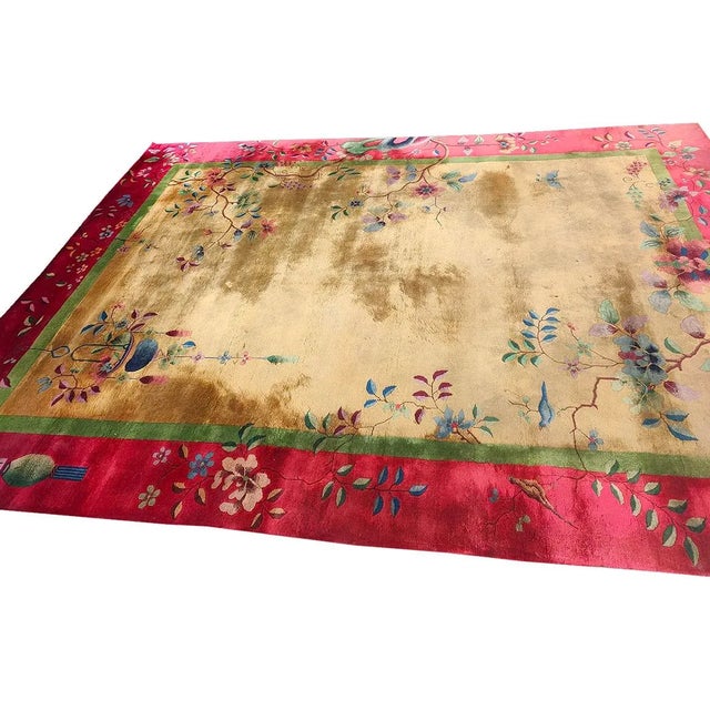 1920s Yellow Gold Floral Antique Chinese Art Deco Carpet 9' X 11'8" Knotted Wool Rug For Sale - Image 11 of 11