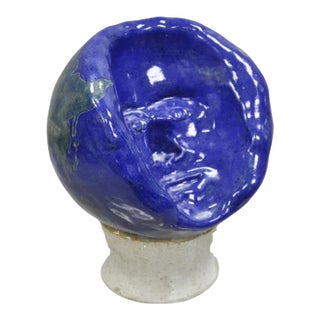 Vintage Mid Century Modern Blue Glaze Ceramic Pottery World Globe Face Sculpture For Sale