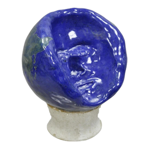Vintage Mid Century Modern Blue Glaze Ceramic Pottery World Globe Face Sculpture
