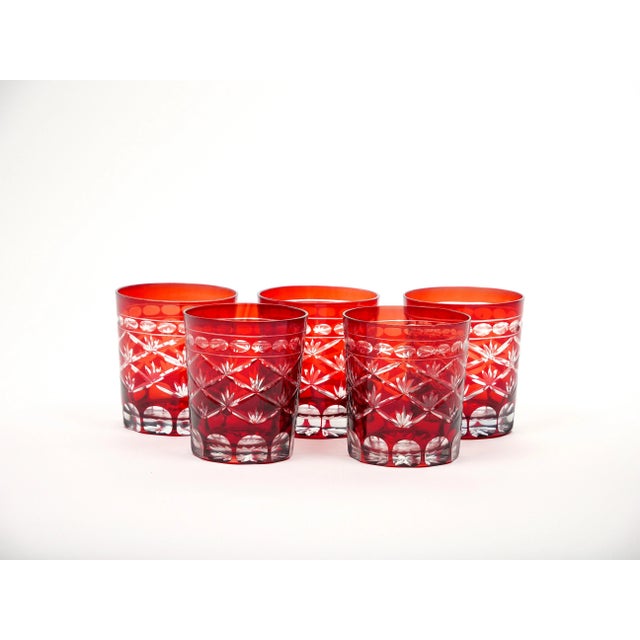 Glass Set of Twelve '12' Antique Ruby Red Cut-To-Clear Rocks Glasses For Sale - Image 7 of 13