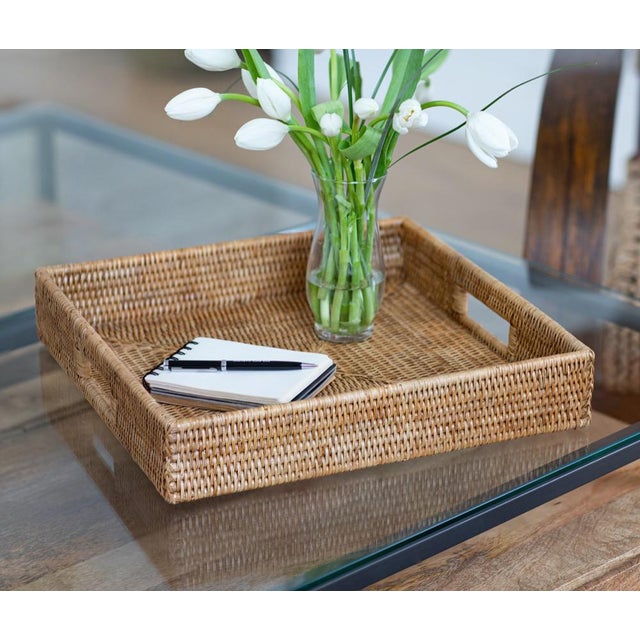 Wood Artifacts Rattan Square Serving Tray with Cutout Handles in Honey Brown - 18" For Sale - Image 7 of 10