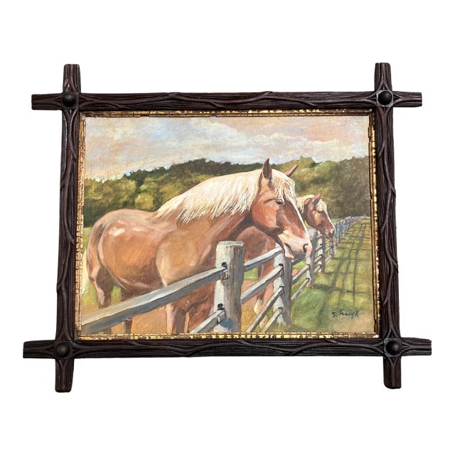 Contemporary Original Stephen Heigh Horse Painting “Golden Horses” Antique Distressed Wood Frame For Sale