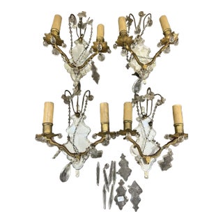 1920's e.f. Caldwell Regency Beveled Mirror Cut Crystal Back Bronze Wall Sconces Set of 3 For Sale