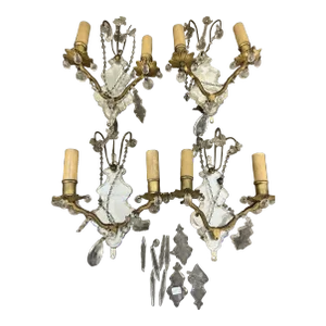 1920's e.f. Caldwell Regency Beveled Mirror Cut Crystal Back Bronze Wall Sconces Set of 3