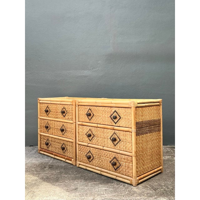 Khaki Vintage Woven Diamond Rattan Chests - A Pair For Sale - Image 8 of 12