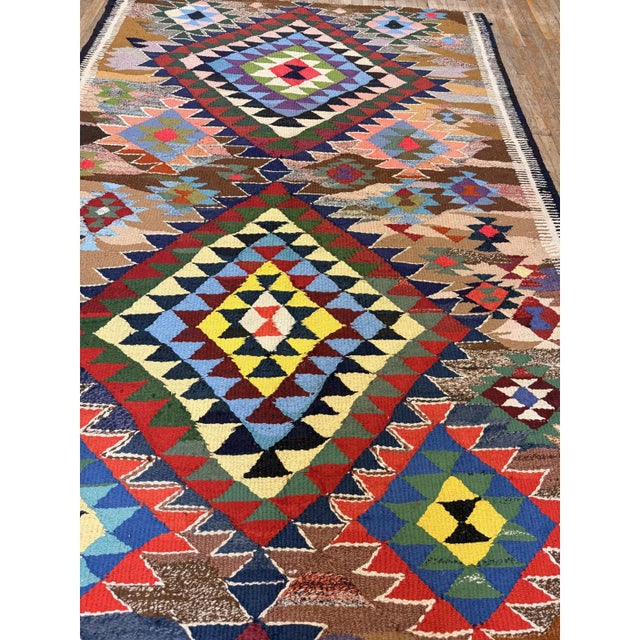 Mid-Century Modern 1940s Antique Geometric Turkish Kilim Rug Hand-Woven Wool 6'3" X12'2" Runner Rug For Sale - Image 3 of 5