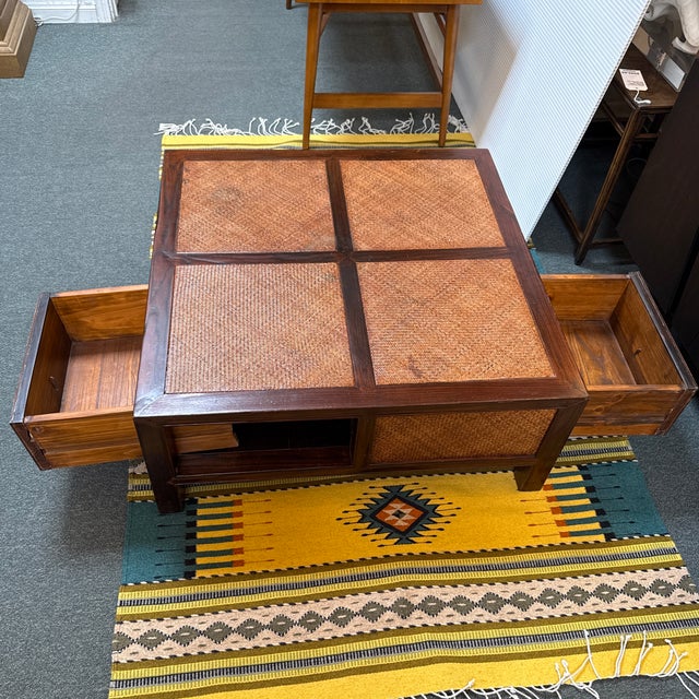 Brown Chinese-Style Woven Rattan Four-Drawer Coffee Table, Vintage For Sale - Image 8 of 12