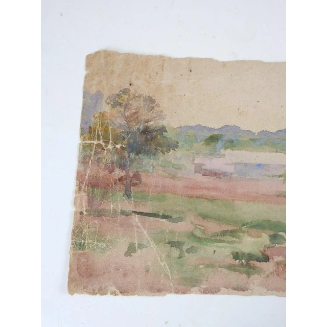 Shabby Chic Antique Distressed Long Format Landscape Watercolor Painting For Sale - Image 3 of 6