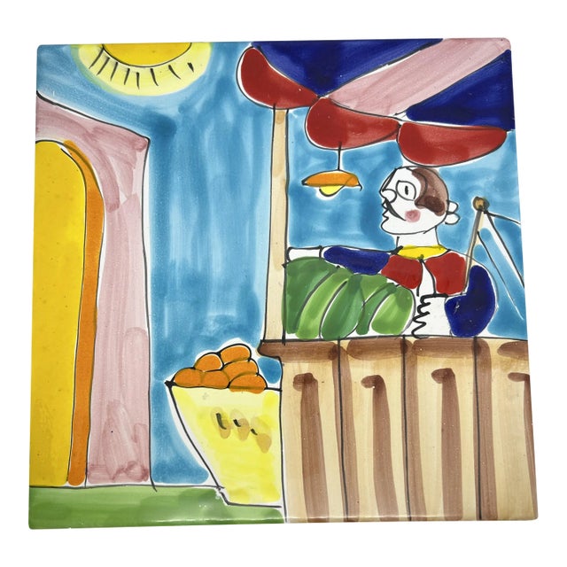 Vintage La Musa Styled Supporto Per Bicottura Made in Italy Sicilian Oranges Glazed Ceramic Hand Painted Tile For Sale