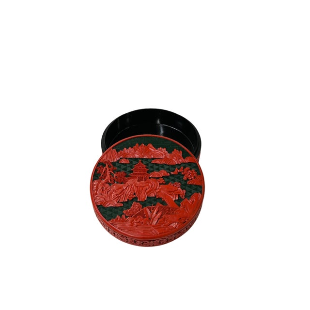 Oriental Asian Black Red Lacquer Round Relief Scenery Accent Box For Sale - Image 9 of 11