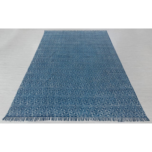 Blue Indigo Hand Woven Bohemian Cotton Flatweave Kilim Rug, Boho Blue Rug 5x7Ft. For Sale - Image 17 of 18