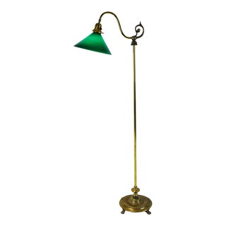 Vintage Bridge Arm Floor Lamp W/ Green Cased Glass Shade For Sale