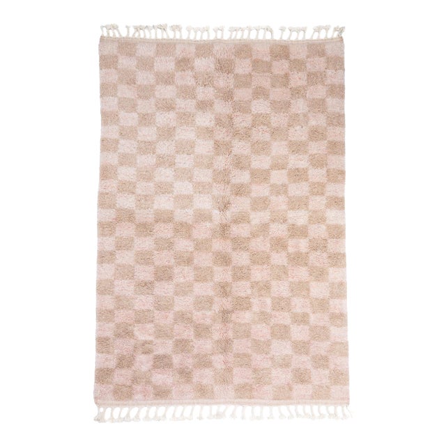 Pink + Tan Checkerboard Moroccan Rug - 4'2" X 6'5" For Sale