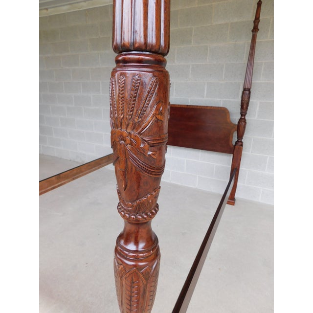 Chippendale Mahogany Banded Wheat Carved Poster Queen Size Bed For Sale - Image 3 of 18
