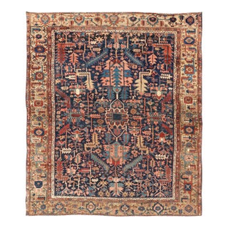 Antique Persian Heriz Rug With All-Over Sub-Geometric Design on a Blue Field For Sale