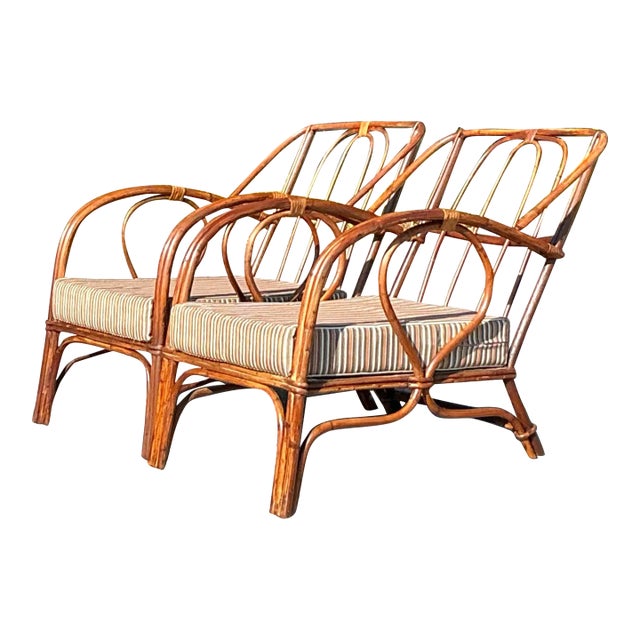 Vintage Coastal Bent Loop Rattan Lounge Chairs - a Pair For Sale