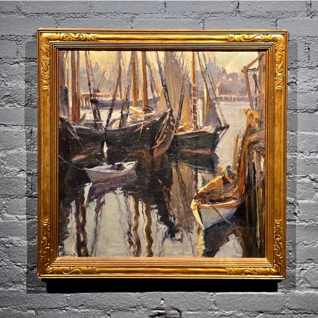 American Émile Albert Gruppe–Boats in Gloucester Harbor at Sunset, C. 1930s–Oil on Canvas For Sale - Image 3 of 11