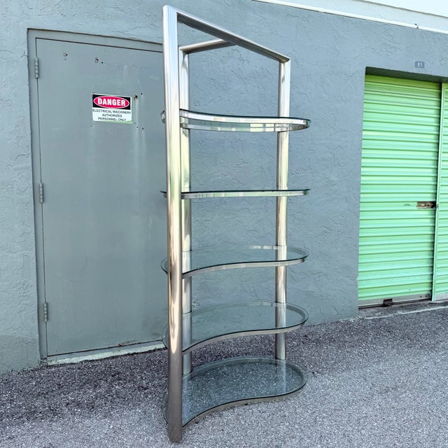Postmodern Sculpted Brushed Metal Etagere/Bookshelf With Tear Drop Glass Shelves For Sale In West Palm - Image 6 of 12