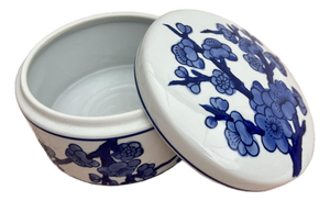 Late 20th Century Blue & White Floral Round Porcelain Box