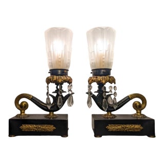 1930s Art Deco Mantel Boudoir Lamps With Crystal Drops and Skyscraper Shades - a Pair For Sale
