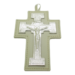 Vintage Italian Handmade Sterling Silver 925 Plated & Faux Leather Holy Cross Wall Decoration