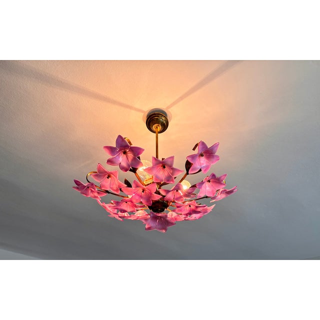 1980s Italian Style Pink Floral Crystal Flush Mount Chandelier, 3-Light For Sale - Image 9 of 17