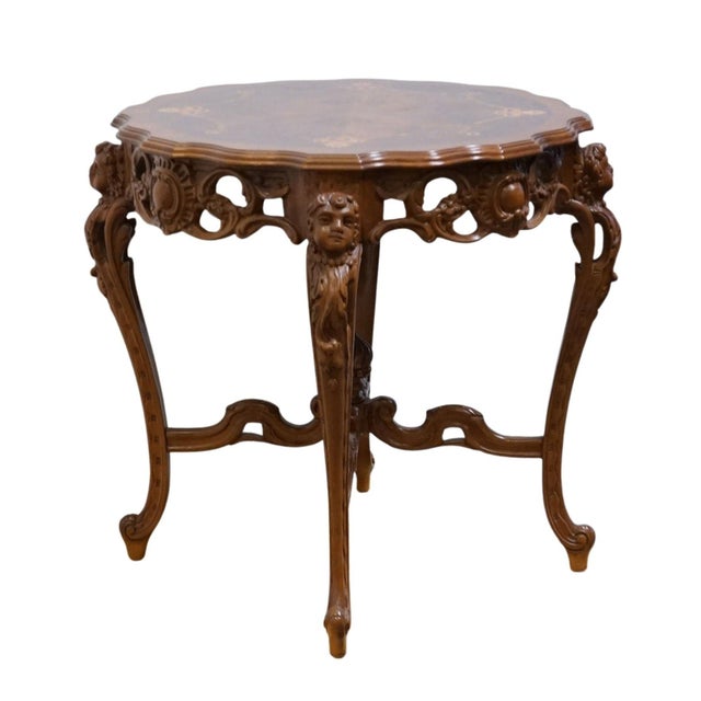 VINTAGE ANTIQUE Mahogany & Walnut Louis XV French Provincial 29" Accent Table w. Cherubs and Acanthus Leaf Carvings 29.5"...