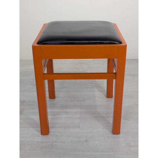 Wood Vintage Orange Pouf in Black Faux Leather, 1950s For Sale - Image 7 of 12