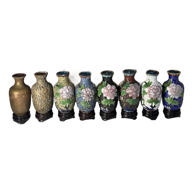 Vintage Chinese Cloisonne Vases: Enameling Process Set with Box For Sale