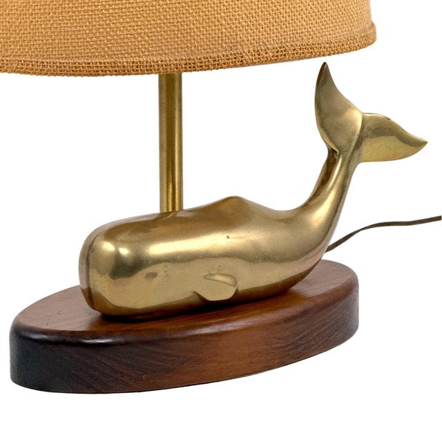 Vintage 1970s Brass Whale Table Lamp W/ Walnut Wood Base & Grasscloth Shade For Sale - Image 12 of 18