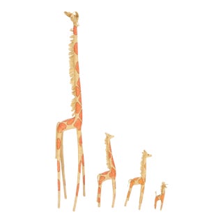Group of 4 Giraffe Folk Art Rattan Bamboo Straw Hand Painted Animal Sculptures For Sale