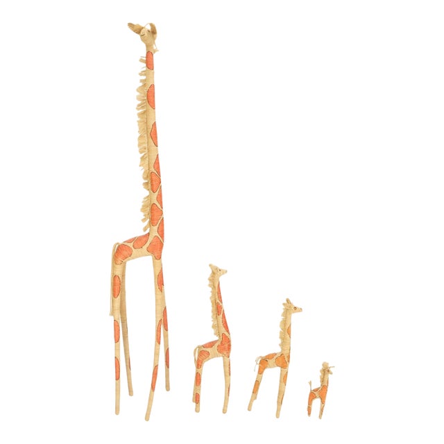 Group of 4 Giraffe Folk Art Rattan Bamboo Straw Hand Painted Animal Sculptures For Sale