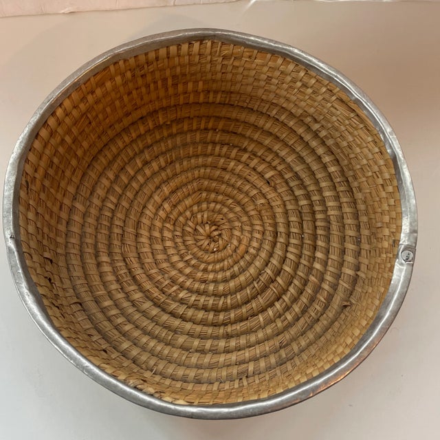 Late 20th Century Handwoven Coil Basket With Metal Band 12" For Sale - Image 5 of 9