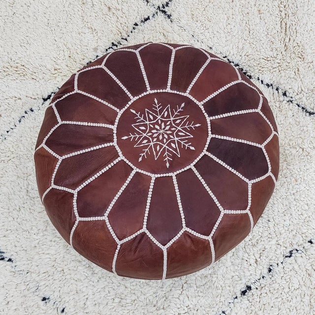 Authentic Moroccan Pouf – Genuine Leather Ottoman, Handmade Footstool, Unstuffed Floor Cushion, Bohemian Living Room Decor For Sale - Image 10 of 11