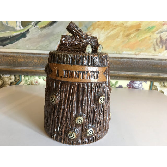 Lovely English or New Zealand Majolica Pottery Tobacco Lidded Jar Faux Bois Style Marked 'A. Bentley' on the front. Signed...