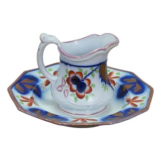 Antique Gaudy Welsh Ironstone Cobalt Blue Floral Creamer Pitcher & Bowl For Sale