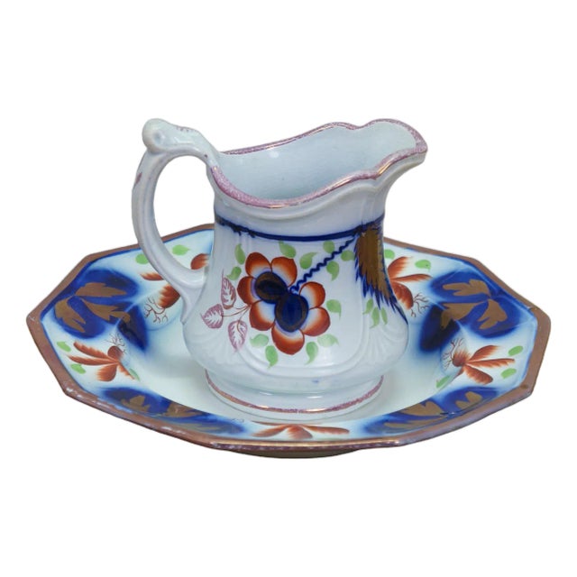 Antique Gaudy Welsh Ironstone Cobalt Blue Floral Creamer Pitcher & Bowl For Sale