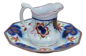 Antique Gaudy Welsh Ironstone Cobalt Blue Floral Creamer Pitcher & Bowl