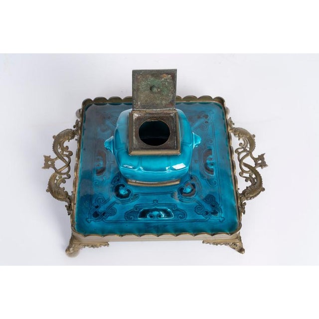 Metal Gilded Bronze and Turquoise Enameled Earthenware Inkstand by Theodore Deck For Sale - Image 7 of 10