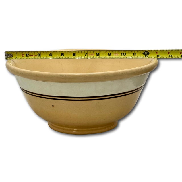 Nice Antique Large Thick & Heavy 13 Inch Brown & Cream Color Banded Yellow Ware Kitchen Mixing Bowl - Circa Late 1800s For Sale - Image 17 of 18