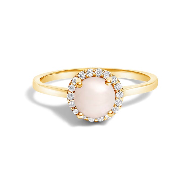 Contemporary 10K Yellow Gold Pearl 2 3/4 Cttw with Diamond 3/8 Cttw Halo Jewelry Set (Earrings, Pendant & Ring) For Sale - Image 3 of 6