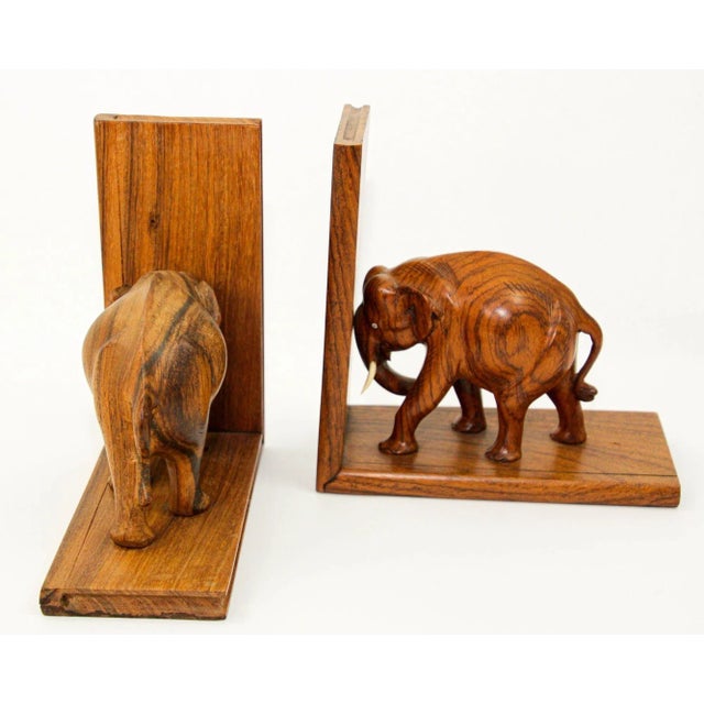 Art Deco Wooden Asian Elephant Bookends Hand Carved Rosewood India 1940s For Sale - Image 4 of 12