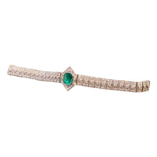 1930's Agl Certified 3.4 Ct Colombian Emerald & 8 Ct Diamond Platinum Bracelet For Sale